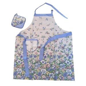 Guy Laroche Paris Apron and pot holder kitchen set white purple floral